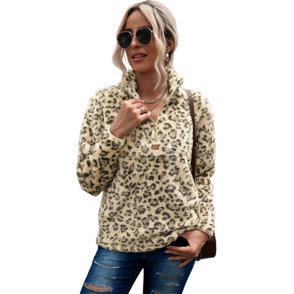 A Classy Chic Boutique Sweaters - Women Leopard Quarter-Zip Fleece Sweatshirt
